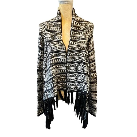 RXB Black White Striped Crochet Knit Fringed Cardigan SZ Large Western Aztec - Picture 2 of 10